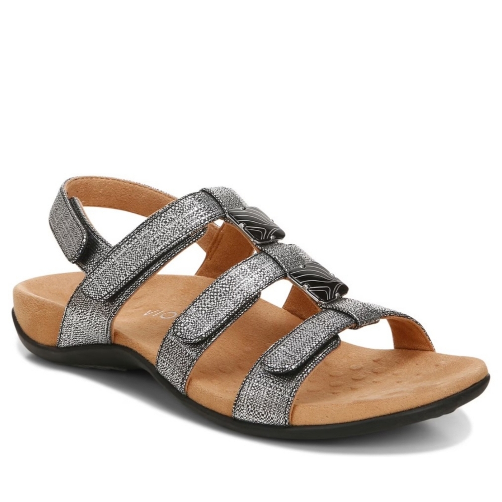 Vionic Women's Amber Adjustable Strap Orthaheel Silver Metallic Linen Sandal 6.5